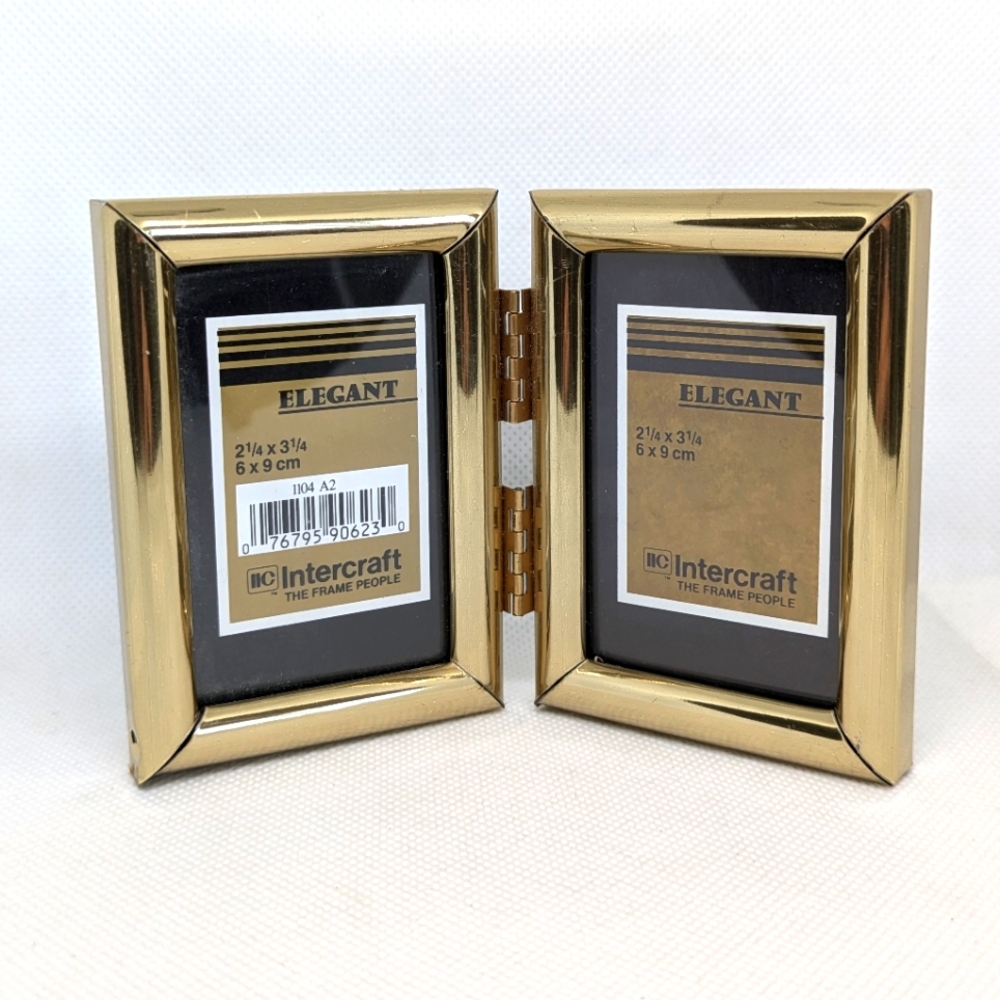 Gold Folding Double Picture Frame Hinged Photo Holder Tabletop Desktop Office